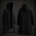 A long black hooded cardigan or poncho-style coat shown from both front and back on a dark studio background. The garment has a soft draped silhouette, long sleeves, and an asymmetrical front opening.