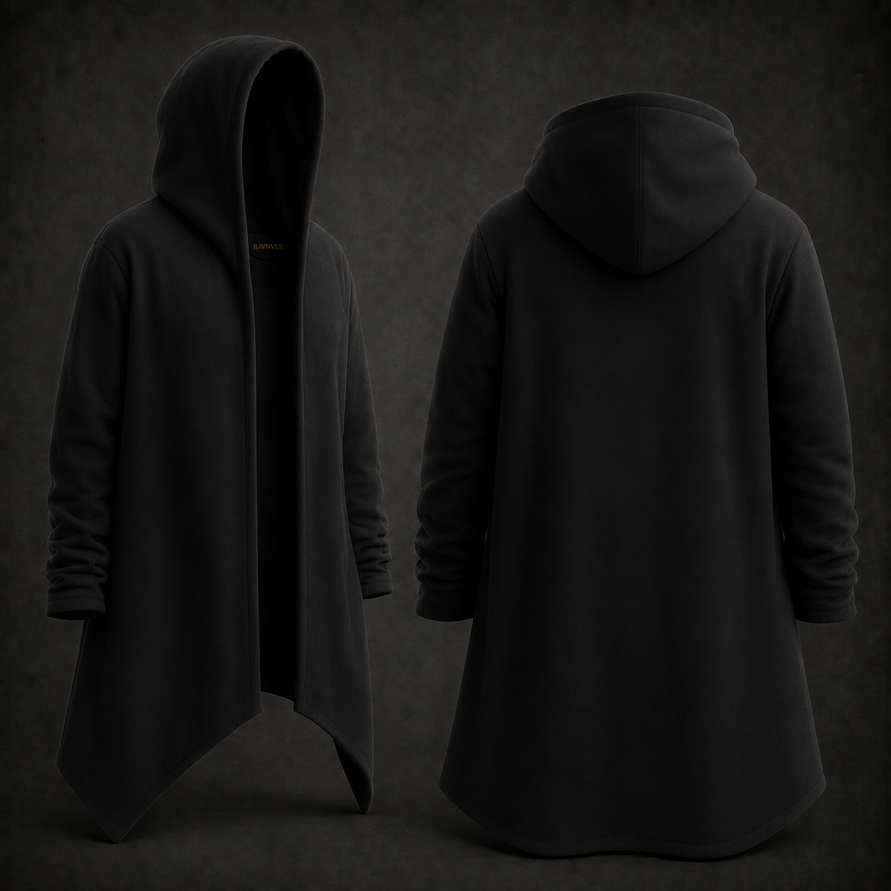 A long black hooded cardigan or poncho-style coat shown from both front and back on a dark studio background. The garment has a soft draped silhouette, long sleeves, and an asymmetrical front opening.