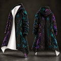 Front and back views of a long hooded coat with a black base and intricate neon fractal mandala patterns in purple, teal, and gold, displayed against a dark studio background.