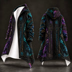 Front and back views of a long hooded coat with a black base and intricate neon fractal mandala patterns in purple, teal, and gold, displayed against a dark studio background.