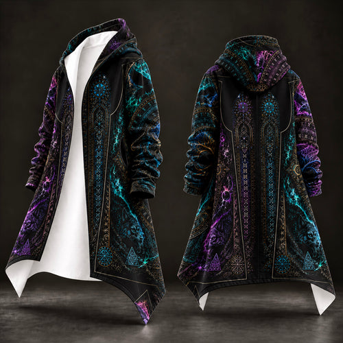 Front and back views of a long hooded coat with a black base and intricate neon fractal mandala patterns in purple, teal, and gold, displayed against a dark studio background.