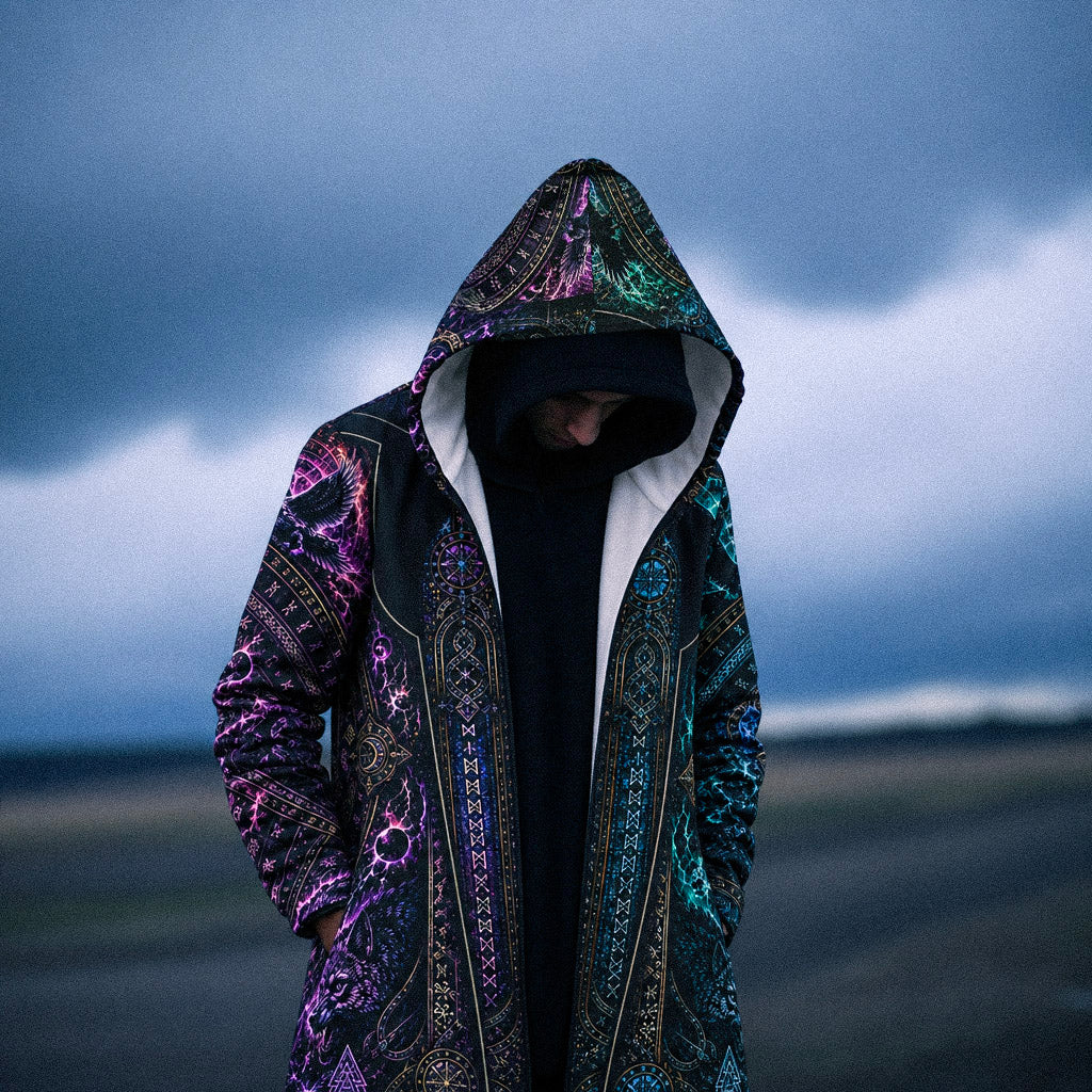 Astral Fenrir Eternal Cloak featuring intricate gold rune detailing with vibrant purple and teal cosmic accents, shown hooded from the front against a dramatic outdoor sky.