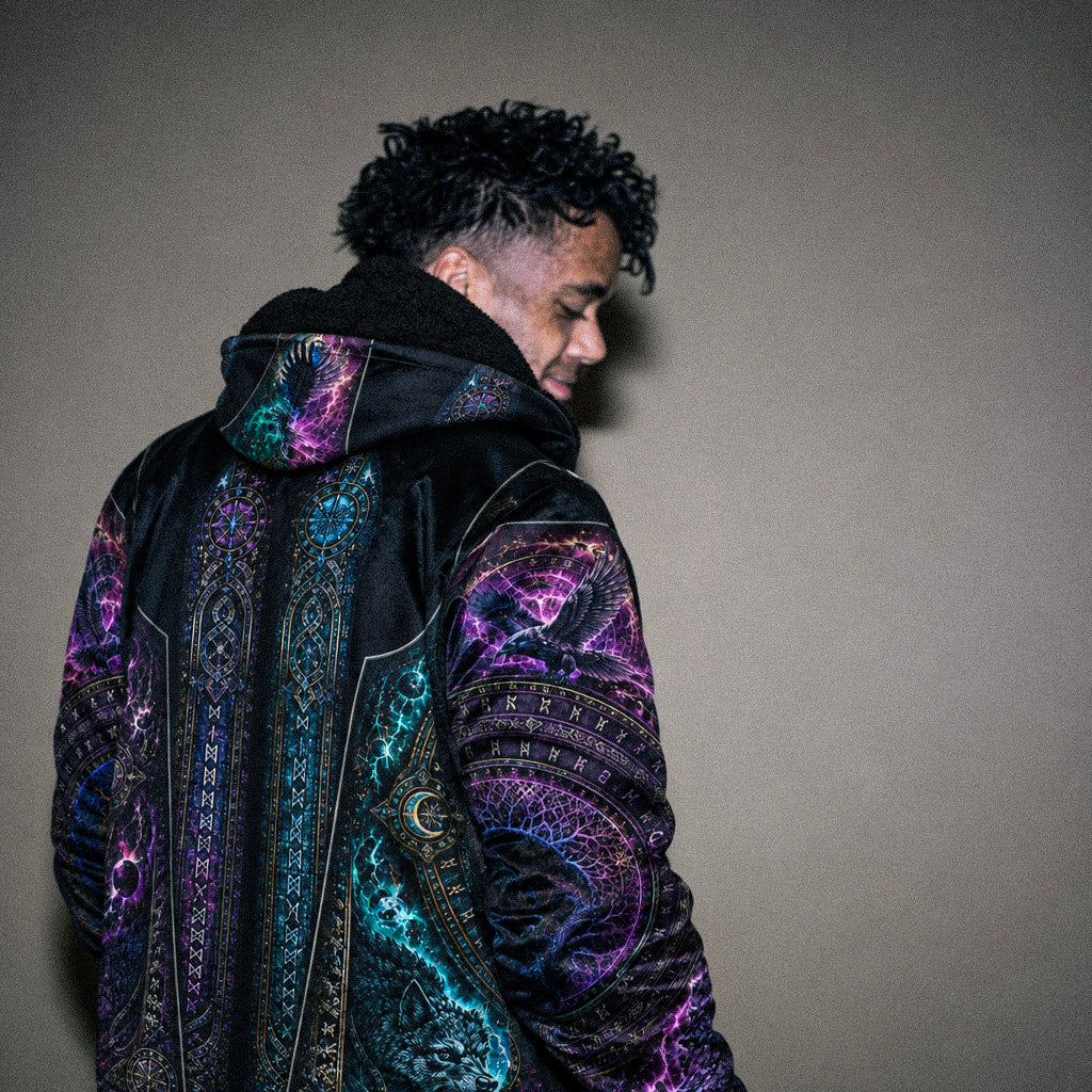 A man wearing a black hooded jacket with elaborate purple, blue, and teal ornamental patterns on the sleeves and back, photographed against a plain taupe wall.