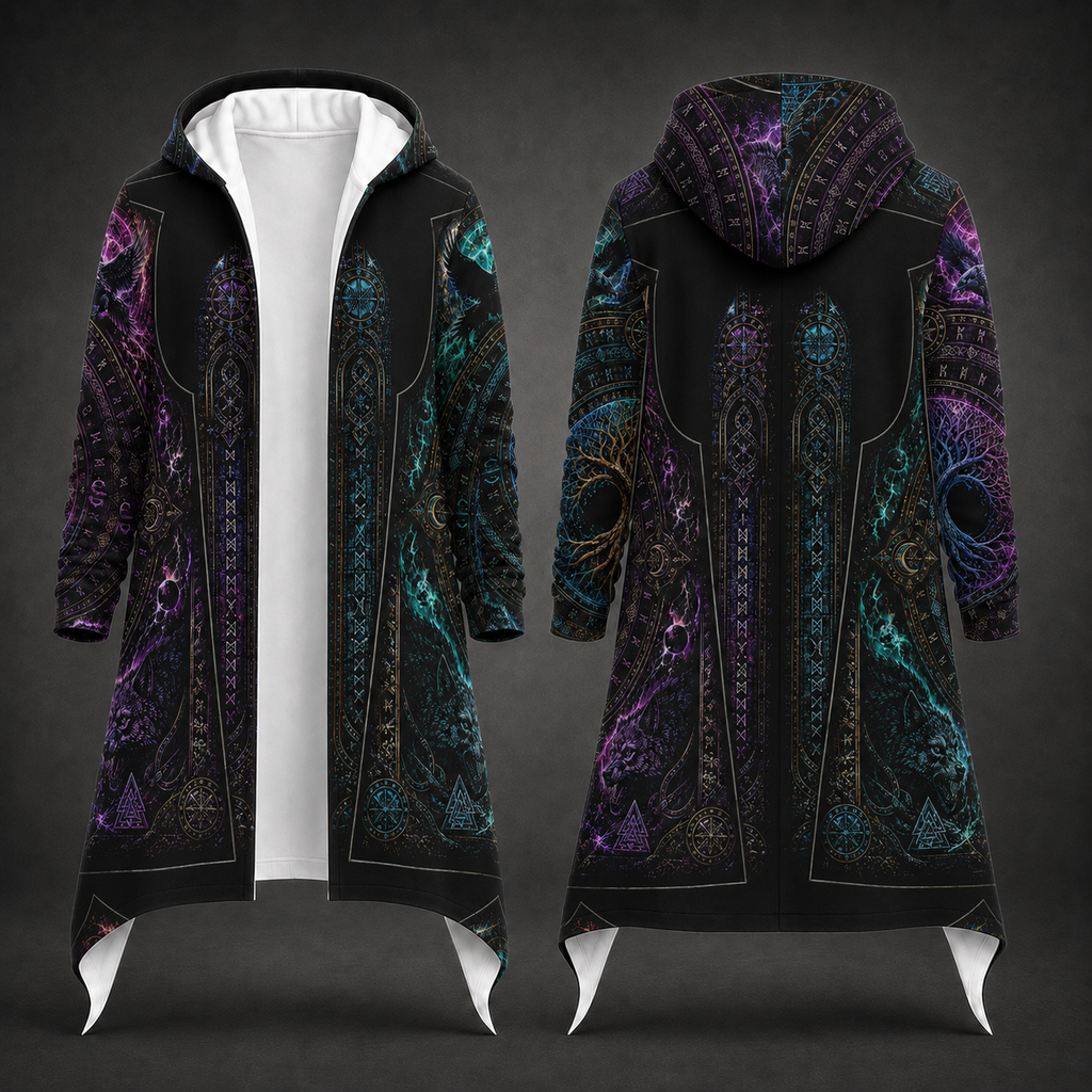 A long hooded robe-style coat shown from the front and back on a dark studio background. The garment is predominantly black with intricate fantasy-style neon patterns in purple, teal, blue, and gold, plus white hood lining and pointed white hem flaps.