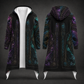A long hooded robe-style coat shown from the front and back on a dark studio background. The garment is predominantly black with intricate fantasy-style neon patterns in purple, teal, blue, and gold, plus white hood lining and pointed white hem flaps.