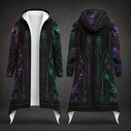 A long hooded robe-style coat shown from the front and back on a dark studio background. The garment is predominantly black with intricate fantasy-style neon patterns in purple, teal, blue, and gold, plus white hood lining and pointed white hem flaps.