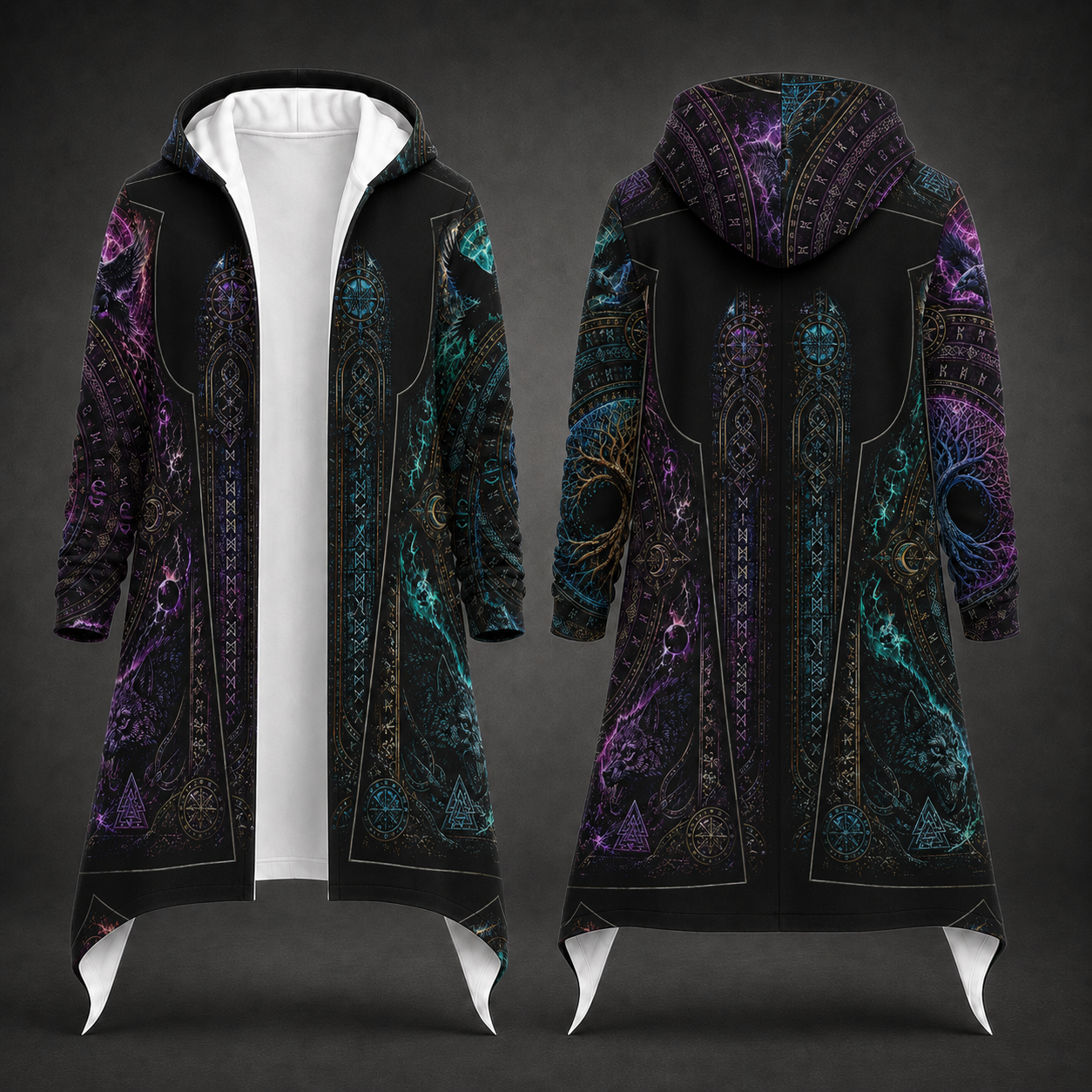 A long hooded robe-style coat shown from the front and back on a dark studio background. The garment is predominantly black with intricate fantasy-style neon patterns in purple, teal, blue, and gold, plus white hood lining and pointed white hem flaps.
