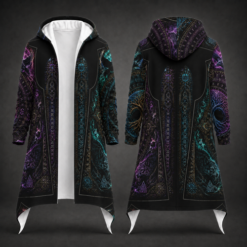 A long hooded robe-style coat shown from the front and back on a dark studio background. The garment is predominantly black with intricate fantasy-style neon patterns in purple, teal, blue, and gold, plus white hood lining and pointed white hem flaps.