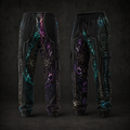 A pair of black cargo jogger pants shown from the front and back against a dark studio background. The pants feature a highly detailed, cosmic-themed graphic print with teal, purple, and gold nebulae, stars, and geometric patterns.