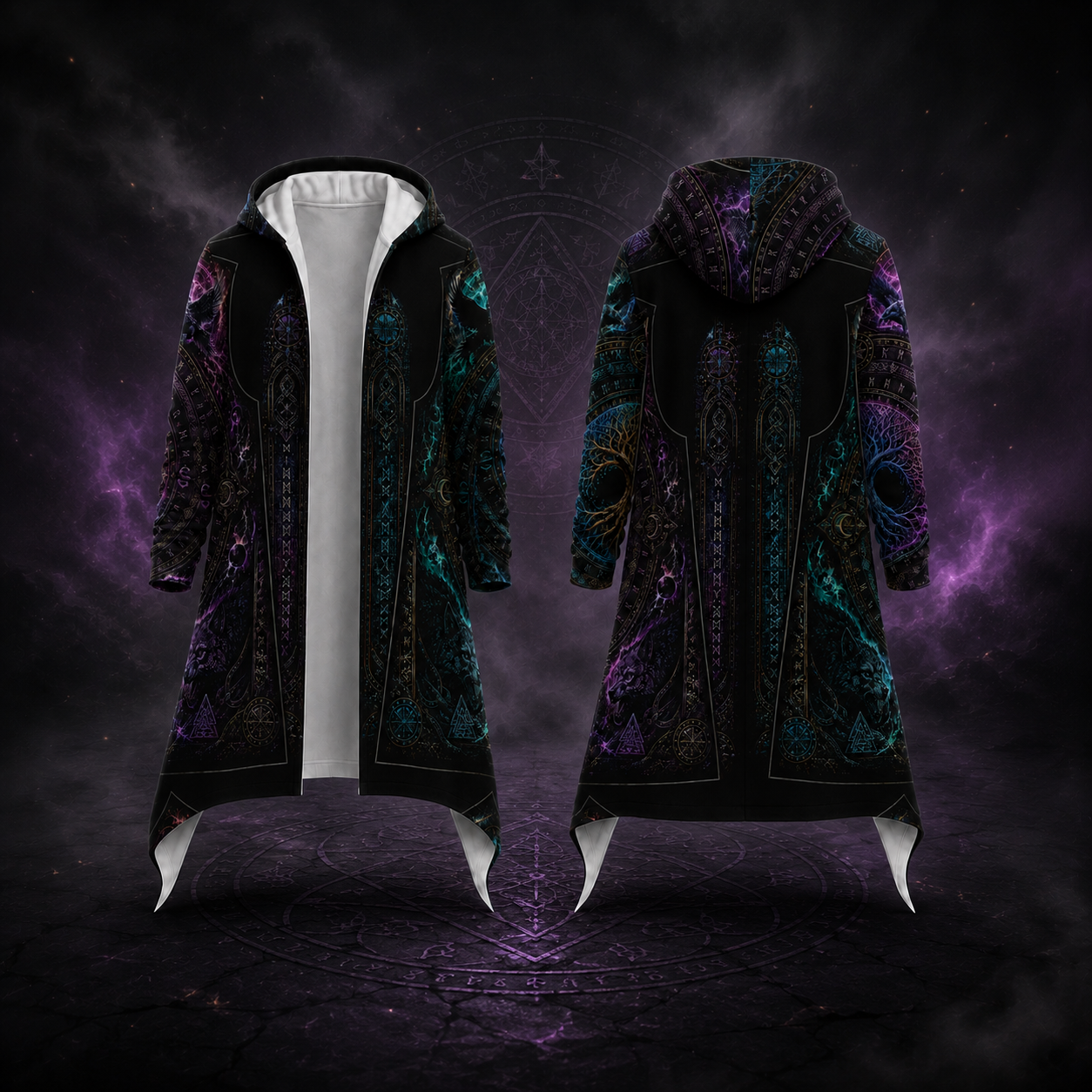 A long hooded robe or coat shown from the front and back against a dark mystical background. The garment is predominantly black with intricate purple, teal, and gold ornamental patterns, a white inner lining, and pointed white hem flaps.
