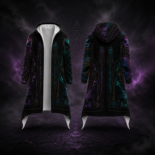 A long hooded robe or coat shown from the front and back against a dark mystical background. The garment is predominantly black with intricate purple, teal, and gold ornamental patterns, a white inner lining, and pointed white hem flaps.