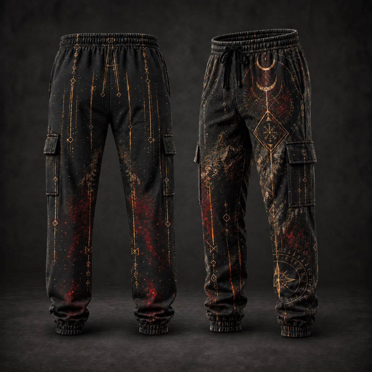 A pair of black jogger-style cargo pants shown from the front and back against a dark studio background. The pants feature a distressed, celestial print with gold geometric line art, glowing red splatters, and a gold crescent moon and compass design.