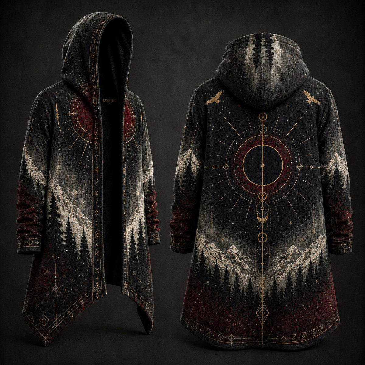 A hooded longline coat shown from the front and back on a dark studio background. The garment has an all-over mystical print with a large circular celestial motif, mountain and tree silhouettes, stars, birds, and red-gold linework on a black base.