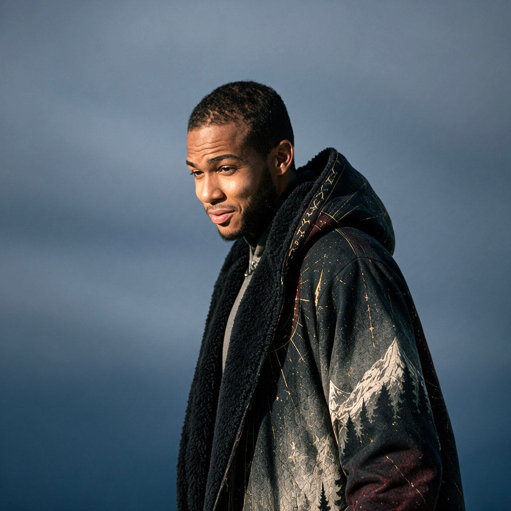 A man wearing a dark hooded jacket with a black sherpa collar and a mountain landscape print, photographed outdoors against a moody blue-gray sky.