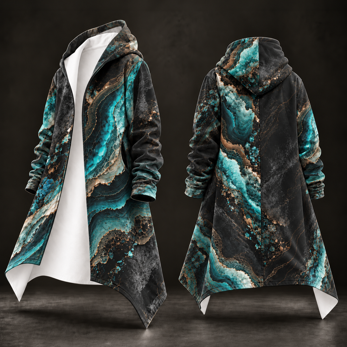 A hooded longline coat shown from the front and back on a dark studio background. The coat has an abstract geode or agate-like print with black, teal, turquoise, gray, and metallic gold/brown veining, plus a white inner lining visible at the opening and hem.