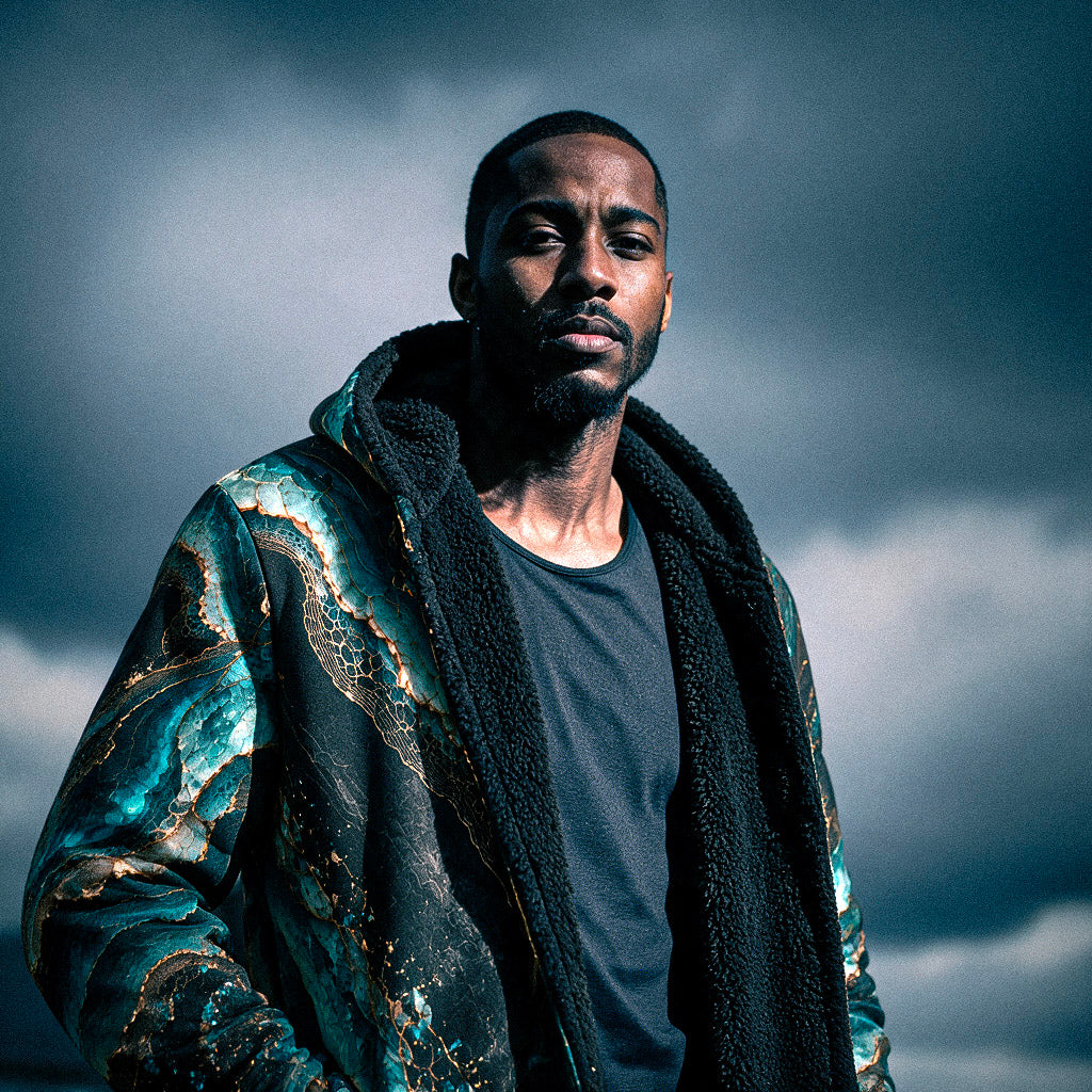 A man wearing a black fleece-lined jacket with a teal and gold marbled pattern, standing against a dark, cloudy sky.