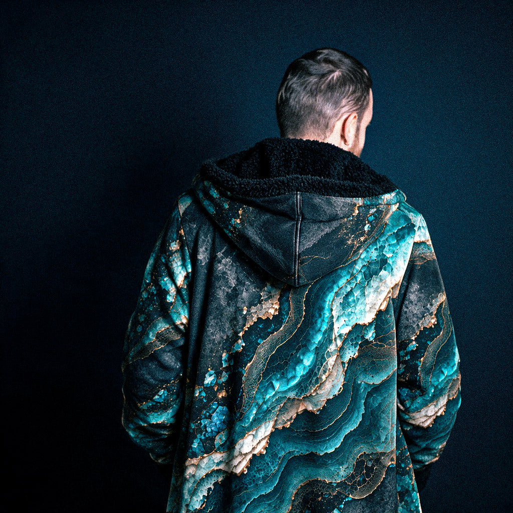 A man viewed from behind wearing a hooded cloak with a dramatic teal, turquoise, and black geode-like marbled pattern accented with gold veins, set against a dark navy background.