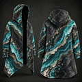 Ethereal Rift Mythic Cloak with turquoise, black and gold marble-inspired print, shown from the front and back with a black sherpa fleece lining.