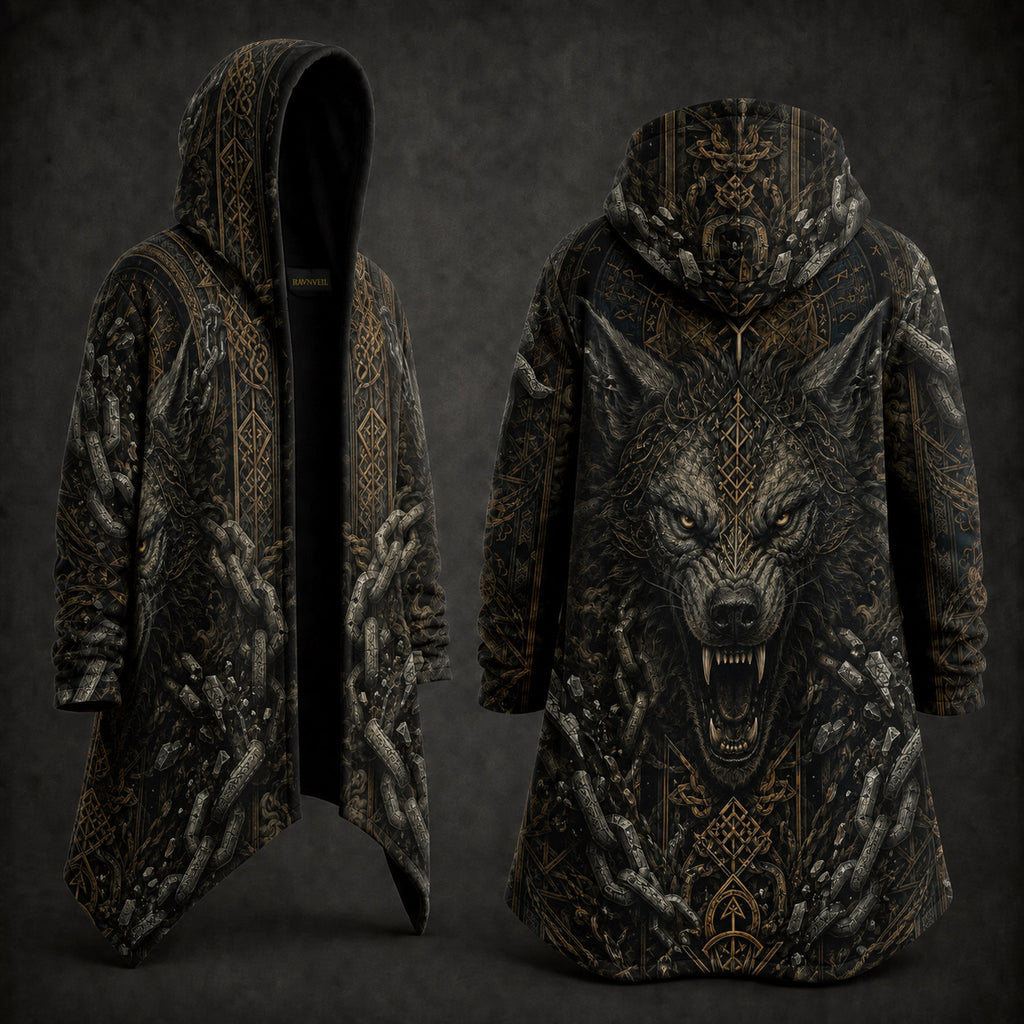 A hooded longline coat shown from the front and back on a dark studio background. The coat features an intricate black and dark gray gothic design with a large snarling wolf face on the back, ornate geometric patterns, and icy textured details in gray and gold.