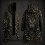 A hooded longline coat shown from the front and back on a dark studio background. The coat features an intricate black and dark gray gothic design with a large snarling wolf face on the back, ornate geometric patterns, and icy textured details in gray and gold.