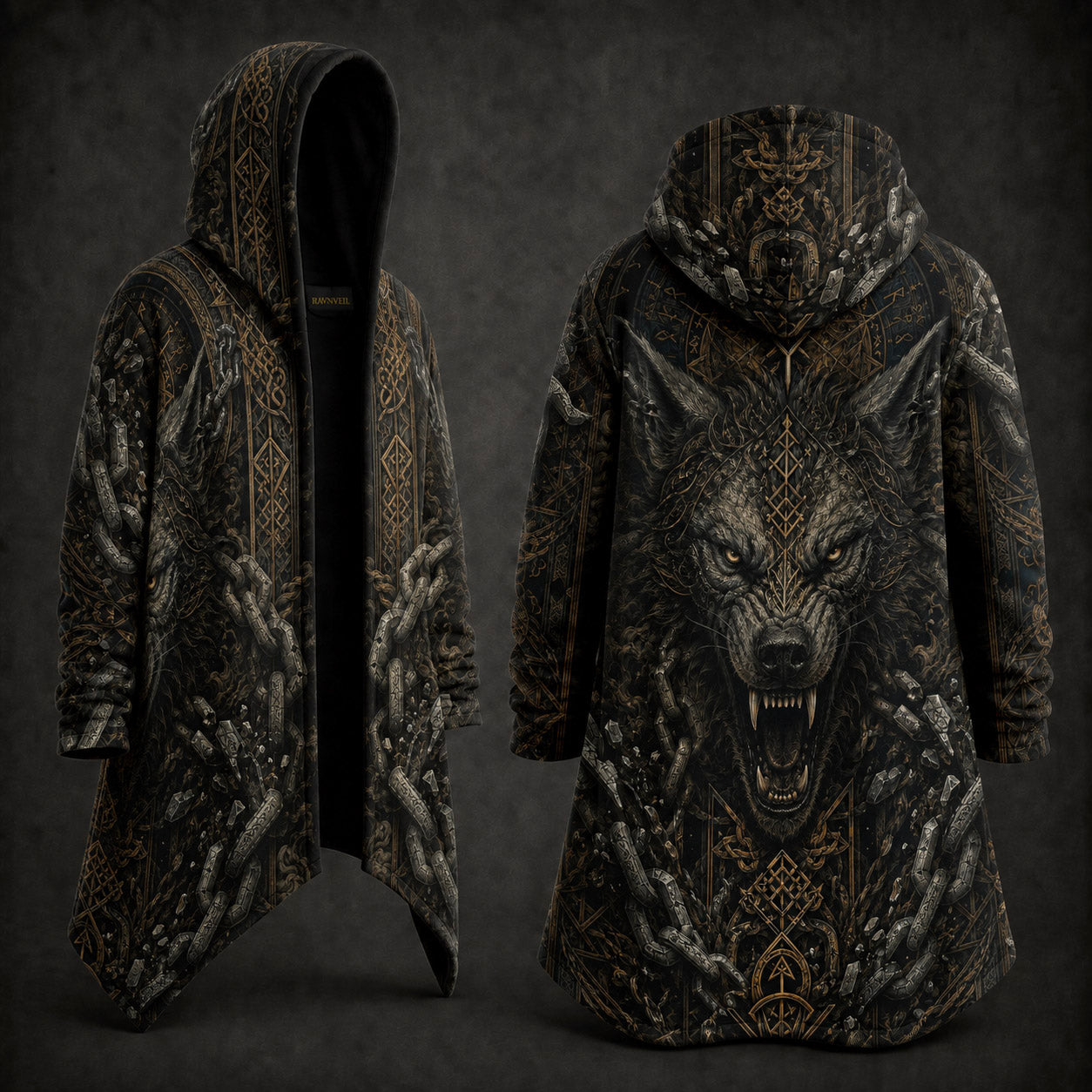 A hooded longline coat shown from the front and back on a dark studio background. The coat features an intricate black and dark gray gothic design with a large snarling wolf face on the back, ornate geometric patterns, and icy textured details in gray and gold.