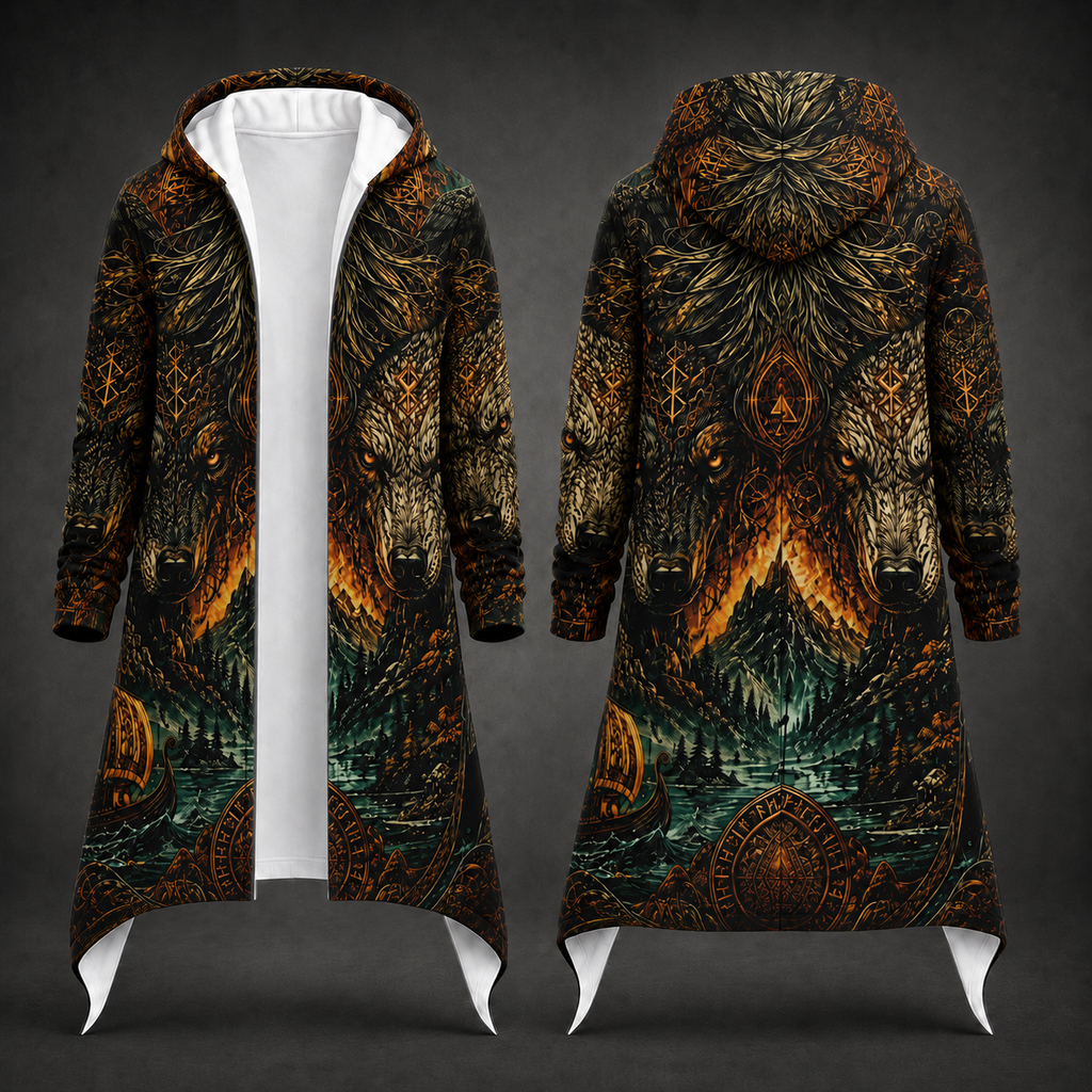 A long hooded coat shown from the front and back on a dark mannequin form. The coat features an intricate fantasy-style print with a wolf and mountain scene in black, brown, gold, and teal tones, with a white inner lining visible at the hood and hem.