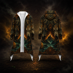 Front and back views of a long hooded coat with an intricate fantasy landscape print in dark brown, gold, and teal, shown against a dark mystical background.