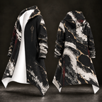 A long hooded coat shown from the front and back on a dark studio background. The outer fabric has a black, white, and gray marble-like pattern with scattered gold flecks and a few dark red accents.