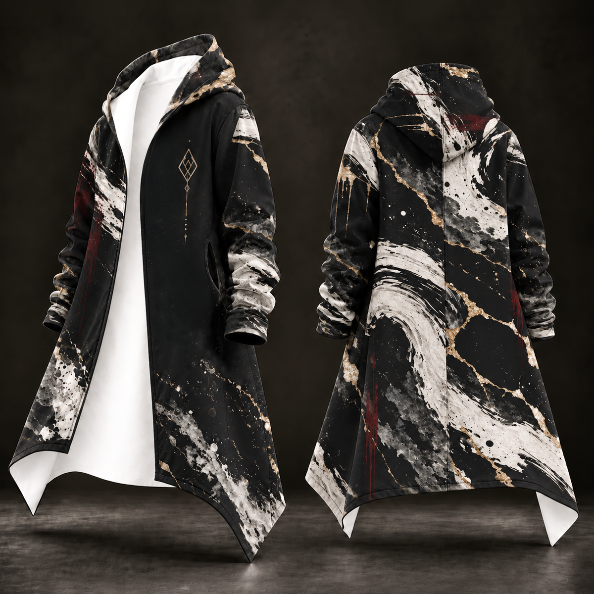 A long hooded coat shown from the front and back on a dark studio background. The outer fabric has a black, white, and gray marble-like pattern with scattered gold flecks and a few dark red accents.