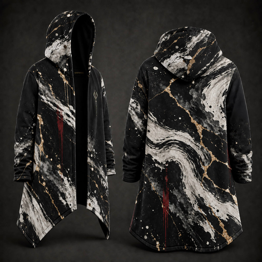Front and back views of a hooded longline cloak or coat with a black, white, and gray marble pattern accented by gold veining and red paint drips, shown on a dark studio background.