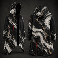 Front and back views of a hooded longline cloak or coat with a black, white, and gray marble pattern accented by gold veining and red paint drips, shown on a dark studio background.