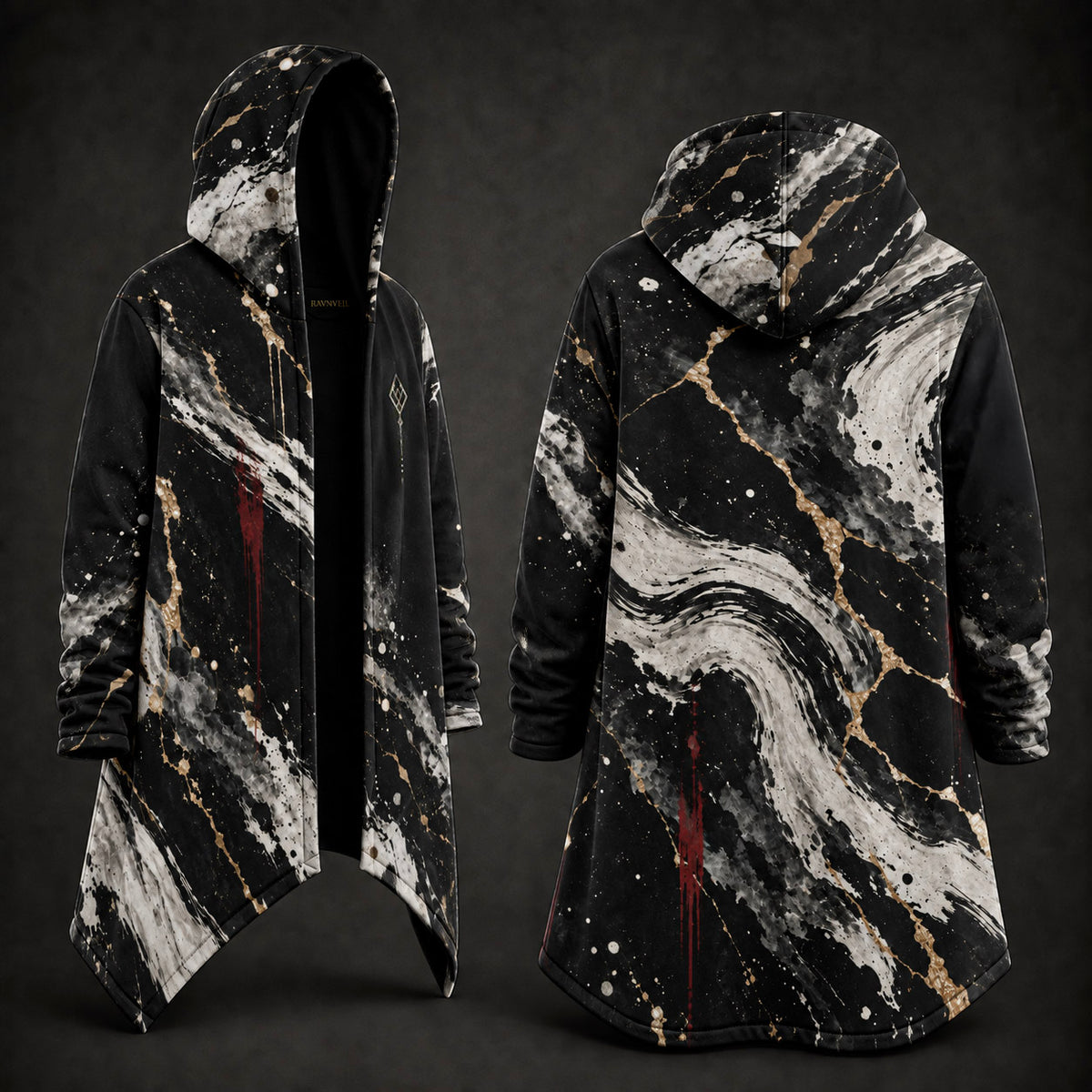 Front and back views of a hooded longline cloak or coat with a black, white, and gray marble pattern accented by gold veining and red paint drips, shown on a dark studio background.
