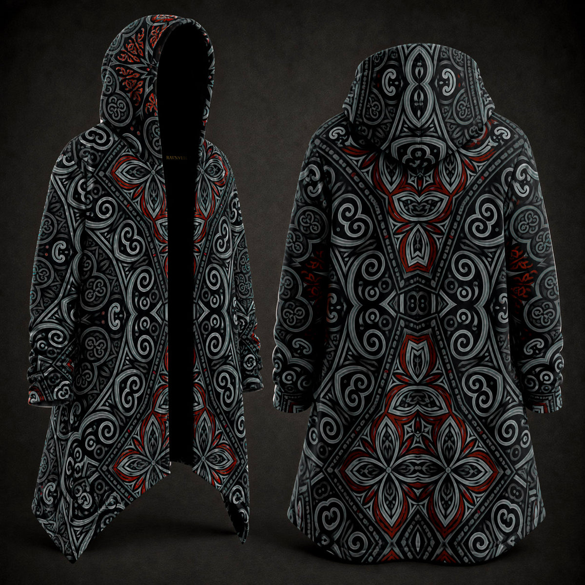 A hooded longline coat shown from the front and back on a dark studio background. The garment has an all-over ornate symmetrical pattern in black, gray, white, and red, with a black hood and black open front on the front view.