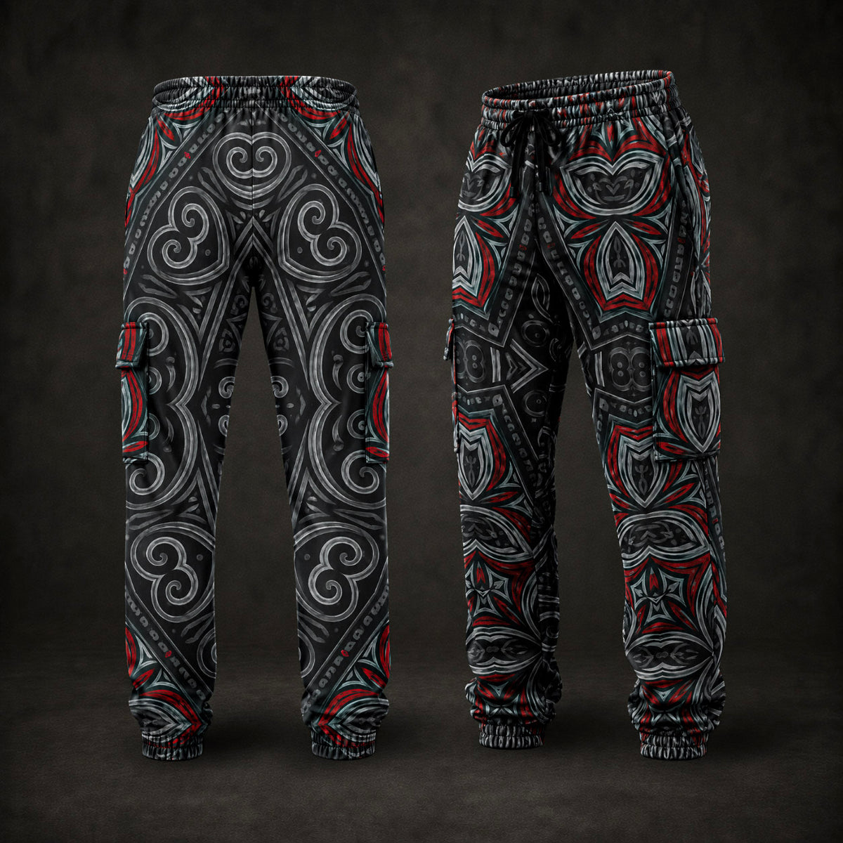A pair of black cargo jogger pants with an intricate white and red geometric tribal pattern, shown from both the front and side angles against a dark textured background.