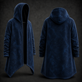 A dark navy hooded longline cardigan or robe shown from both front and back views against a dark textured studio background.