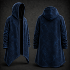 A dark navy hooded longline cardigan or robe shown from both front and back views against a dark textured studio background.