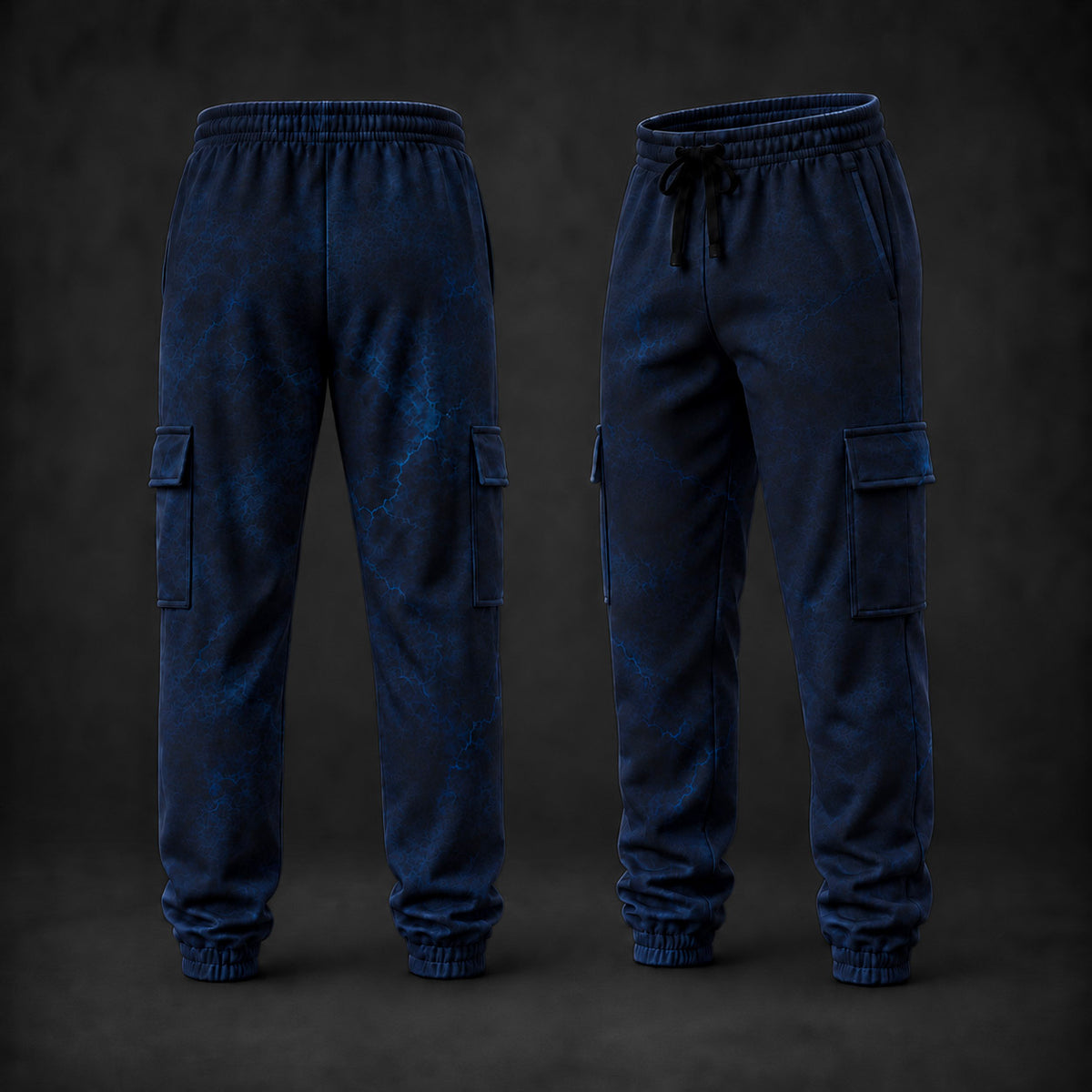 Front and back views of dark navy blue cargo jogger pants with a subtle tonal pattern, elastic waistband, drawstring, and side cargo pockets, set against a dark studio background.