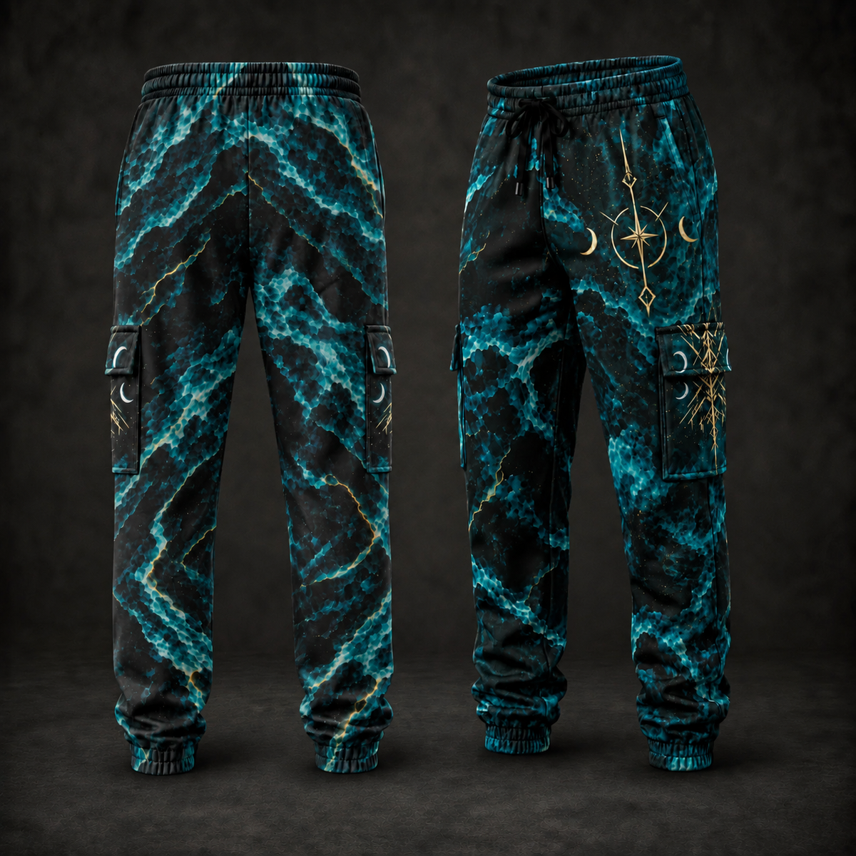 A pair of black jogger-style pants with a vibrant teal and blue marble pattern, shown from both the front and back. The pants feature gold celestial graphics (sun, moon, and compass) on the right thigh, side cargo pockets, and elastic cuffs.