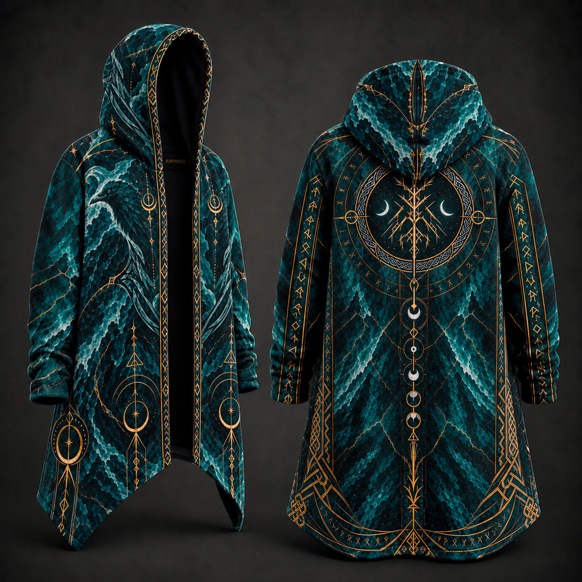 A hooded long coat shown from the front and back on a dark studio background. The garment has a teal and black marbled pattern with ornate gold geometric and celestial line art, including crescent moons and circular symbols.