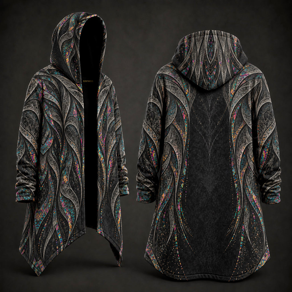 A long hooded cloak or coatshown from the front and back on a dark studio background. The garment has a black base with an intricate abstract fractal-like pattern in gray, silver, and small multicolored accents.