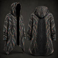 A long hooded cloak or coatshown from the front and back on a dark studio background. The garment has a black base with an intricate abstract fractal-like pattern in gray, silver, and small multicolored accents.