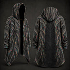 A long hooded cloak or coatshown from the front and back on a dark studio background. The garment has a black base with an intricate abstract fractal-like pattern in gray, silver, and small multicolored accents.