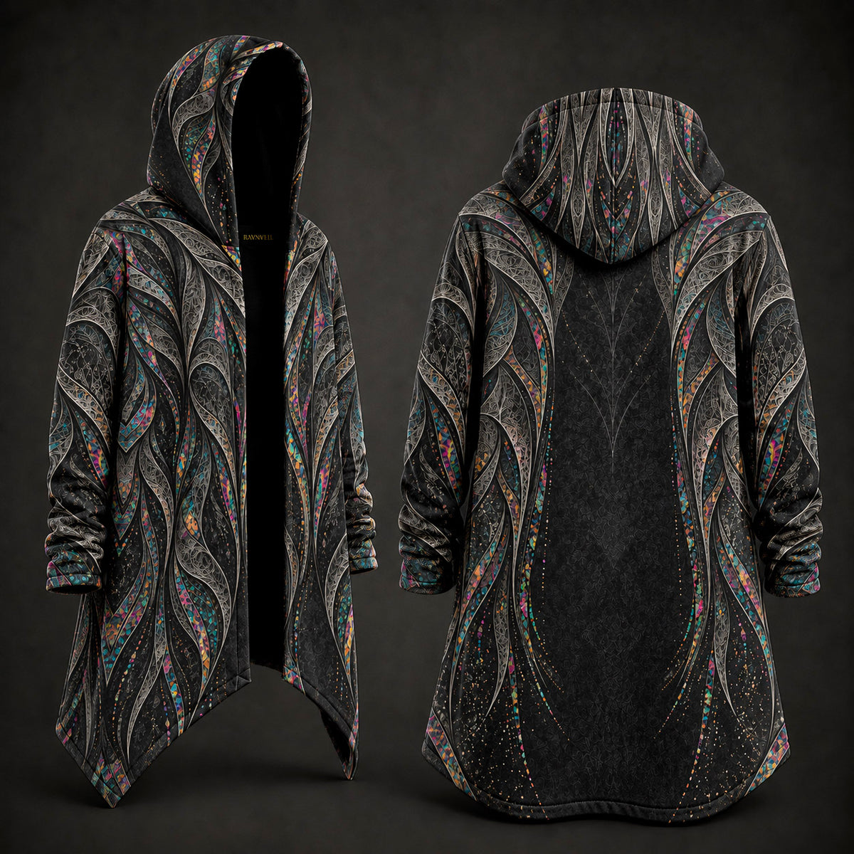 A long hooded cloak or coatshown from the front and back on a dark studio background. The garment has a black base with an intricate abstract fractal-like pattern in gray, silver, and small multicolored accents.