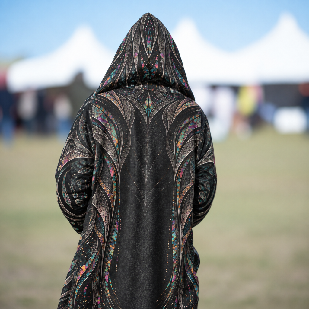 A person viewed from behind wearing a long black hooded robe or coat with ornate multicolored feather-like patterns, standing outdoors in a grassy field with blurred white tents in the background.