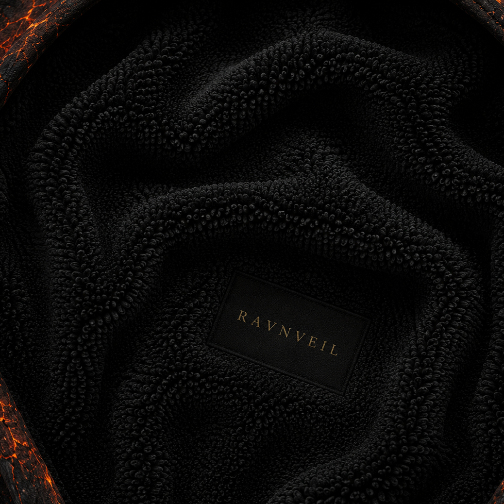 Close-up of a black plush sherpa fabric with a small black label reading RAVNVEIL in gold lettering, set against a dark background with subtle fiery orange highlights along the edges.