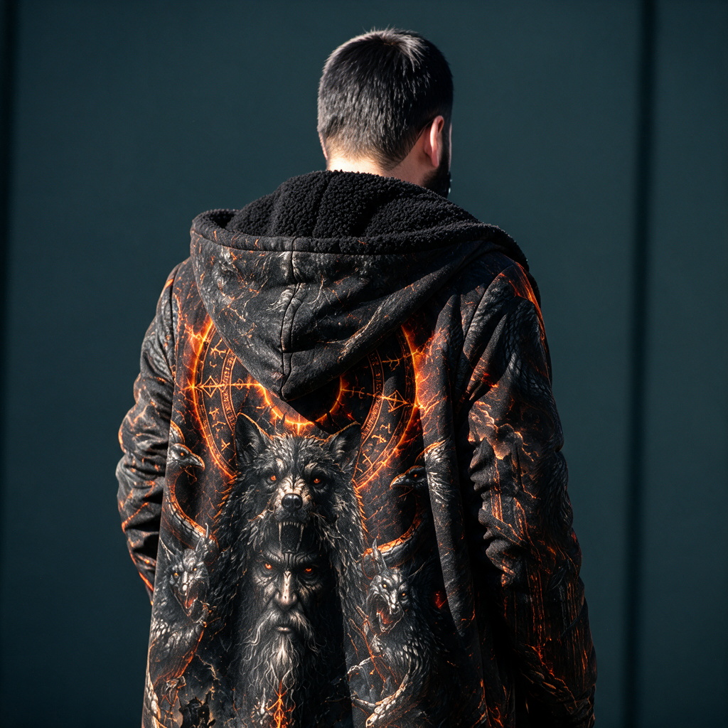 A man viewed from behind wearing a black hooded jacket with a dramatic graphic print of a wolf and glowing orange lines, set against a dark teal background.