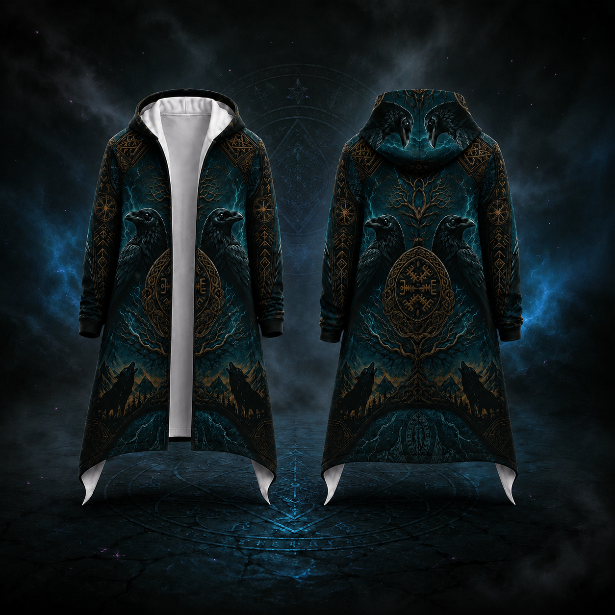 A long hooded coat shown from the front and back, featuring a dark teal and black Norse-inspired design with raven motifs, gold circular symbols, and a white inner lining, set against a dark mystical background.