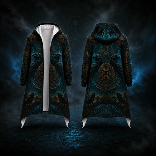 A long hooded coat shown from the front and back, featuring a dark teal and black Norse-inspired design with raven motifs, gold circular symbols, and a white inner lining, set against a dark mystical background.