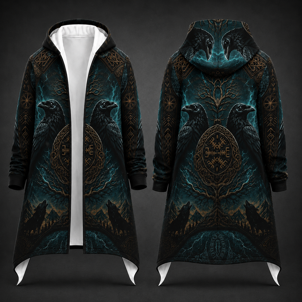Front and back views of a hooded longline coat with an all-over dark fantasy print featuring raven faces, teal and black stormy scenery, and ornate gold circular motifs, shown on a dark gray background.