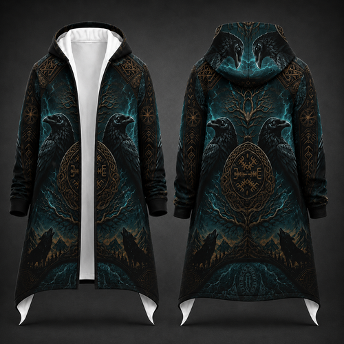 Front and back views of a hooded longline coat with an all-over dark fantasy print featuring raven faces, teal and black stormy scenery, and ornate gold circular motifs, shown on a dark gray background.